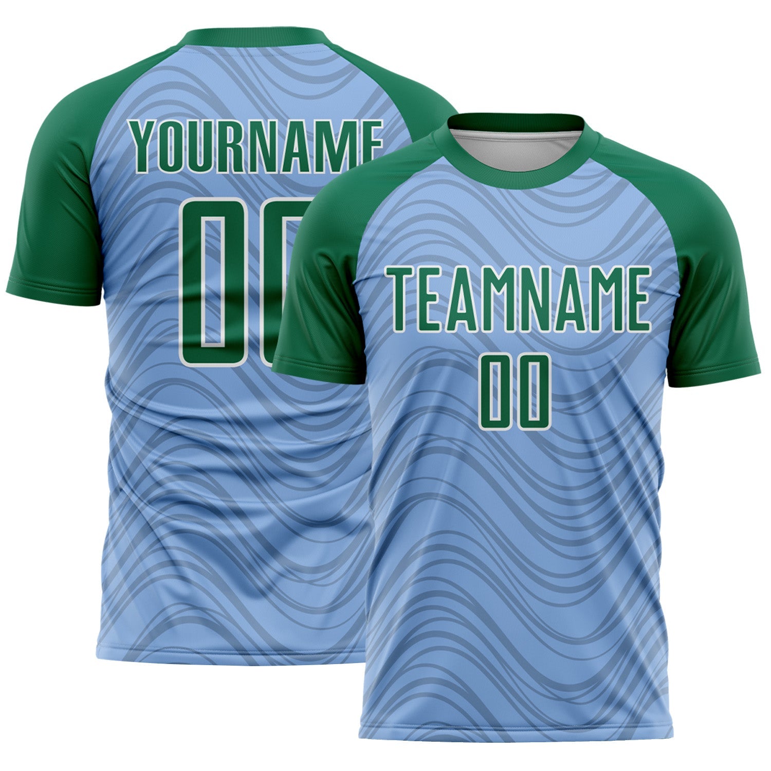 Custom Light Blue Kelly Green-White Wavy Lines Sports Sublimation Soccer Uniform Jersey - Main View
