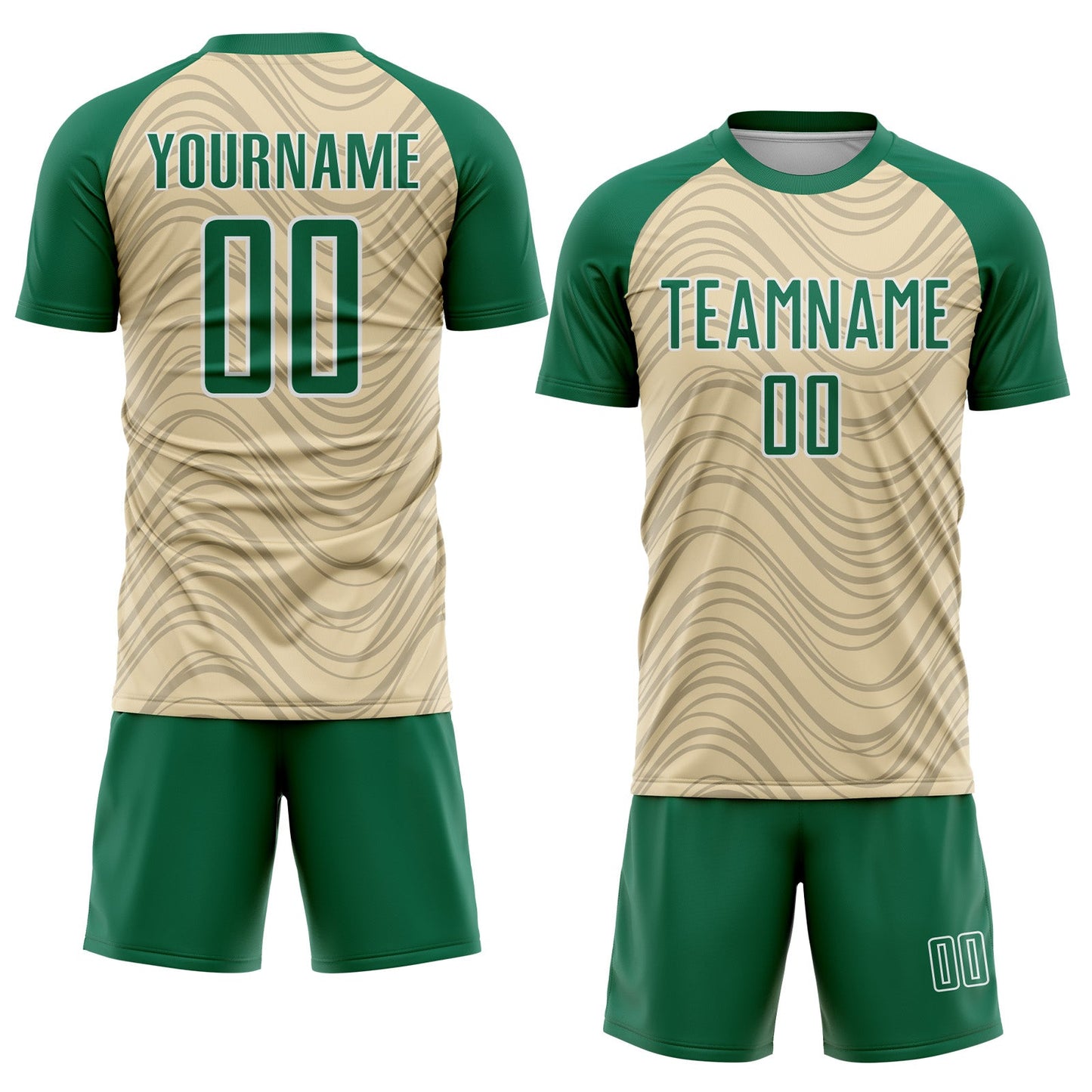 Custom Cream Kelly Green-White Wavy Lines Sports Sublimation Soccer Uniform Jersey view 2