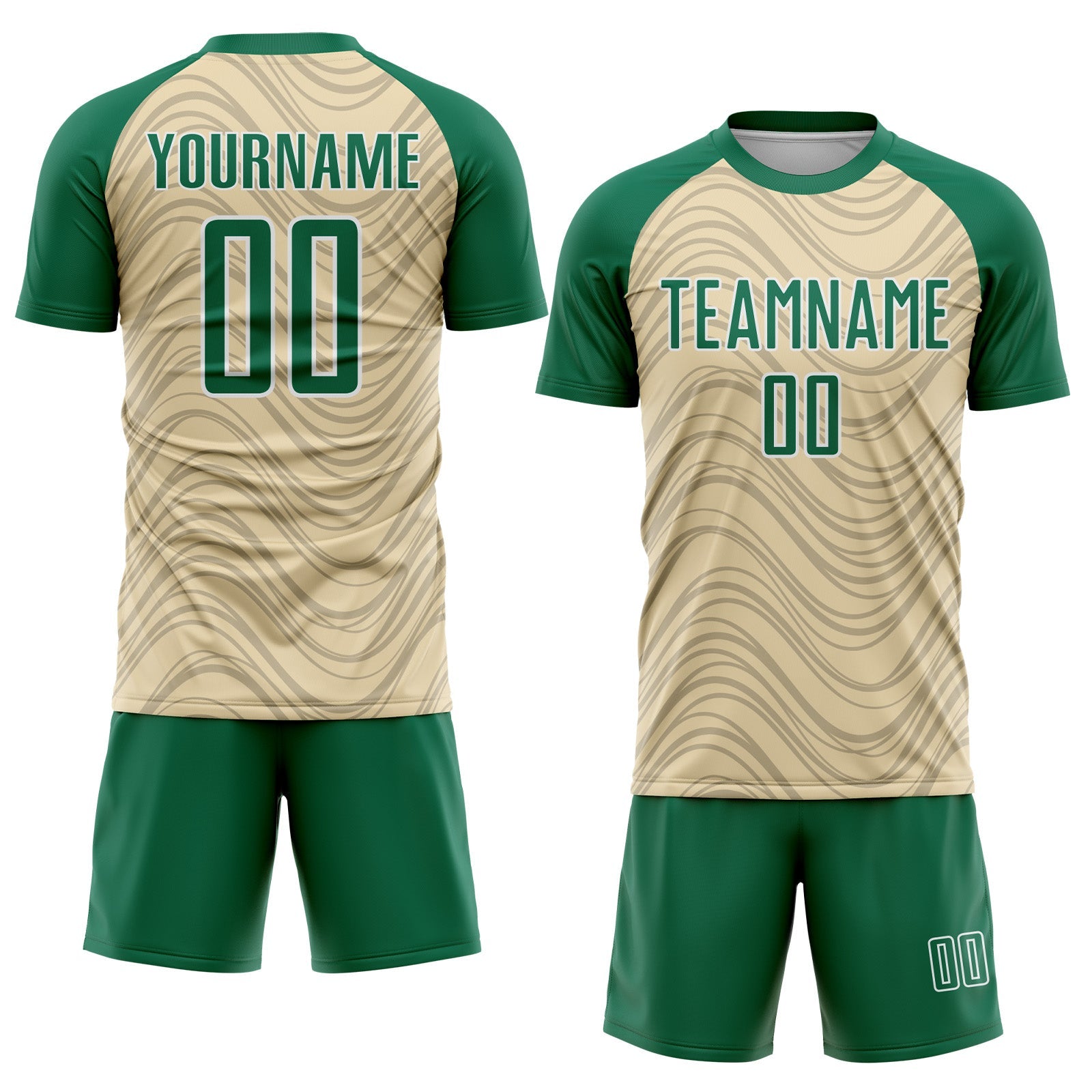 Custom Cream Kelly Green-White Wavy Lines Sports Sublimation Soccer Uniform Jersey view 2