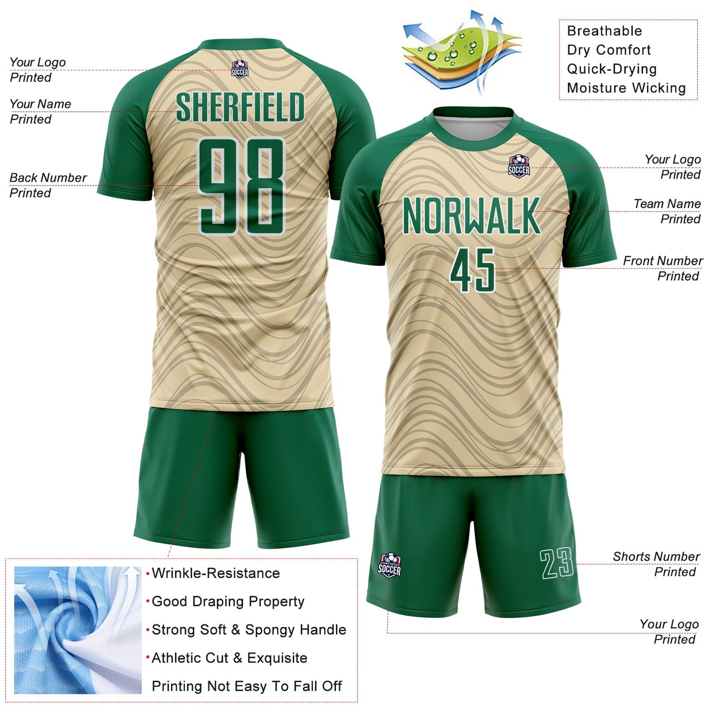 Custom Cream Kelly Green-White Wavy Lines Sports Sublimation Soccer Uniform Jersey view 4
