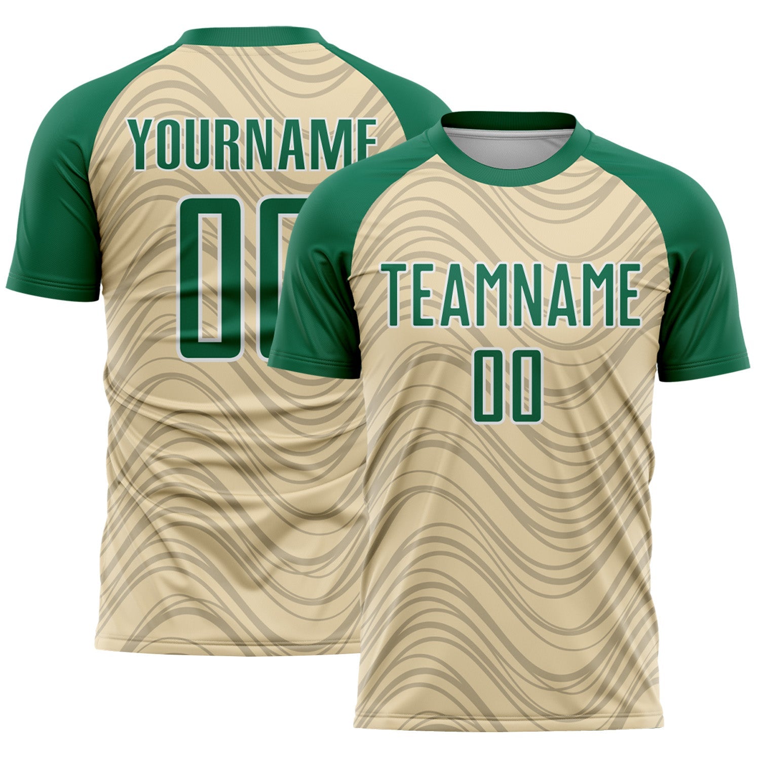 Custom Cream Kelly Green-White Wavy Lines Sports Sublimation Soccer Uniform Jersey - Main View