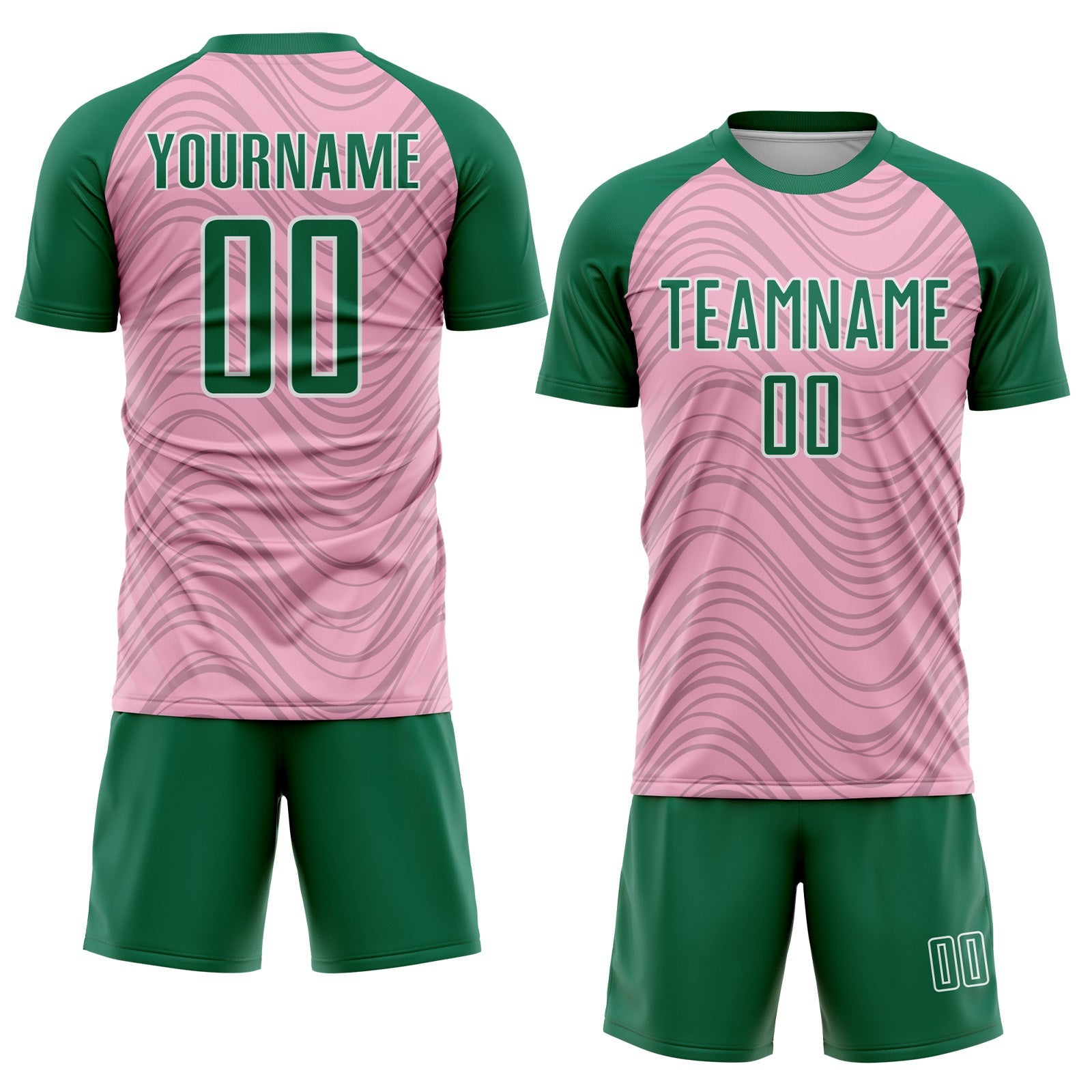 Custom Light Pink Kelly Green-White Wavy Lines Sports Sublimation Soccer Uniform Jersey view 2