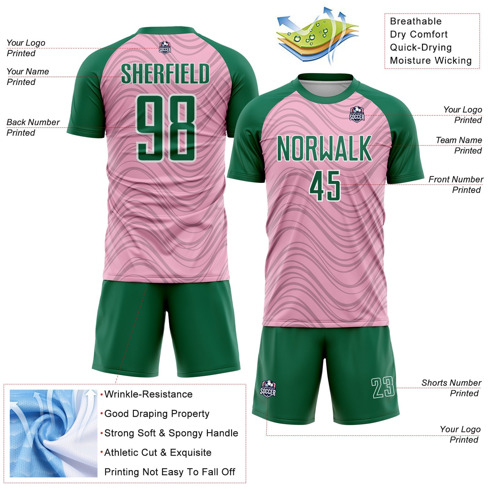 Custom Light Pink Kelly Green-White Wavy Lines Sports Sublimation Soccer Uniform Jersey view 4