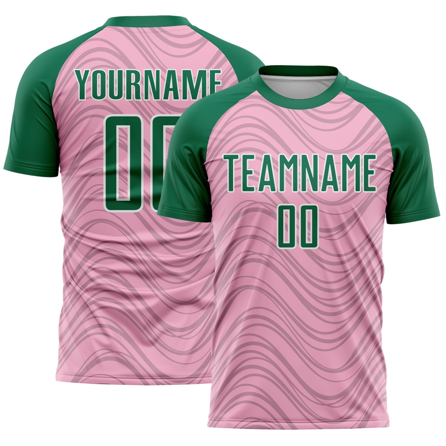 Custom Light Pink Kelly Green-White Wavy Lines Sports Sublimation Soccer Uniform Jersey - Main View