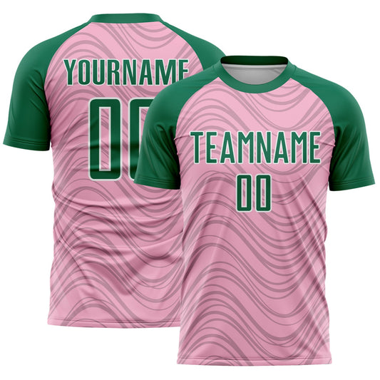 Custom Light Pink Kelly Green-White Wavy Lines Sports Sublimation Soccer Uniform Jersey - Main View