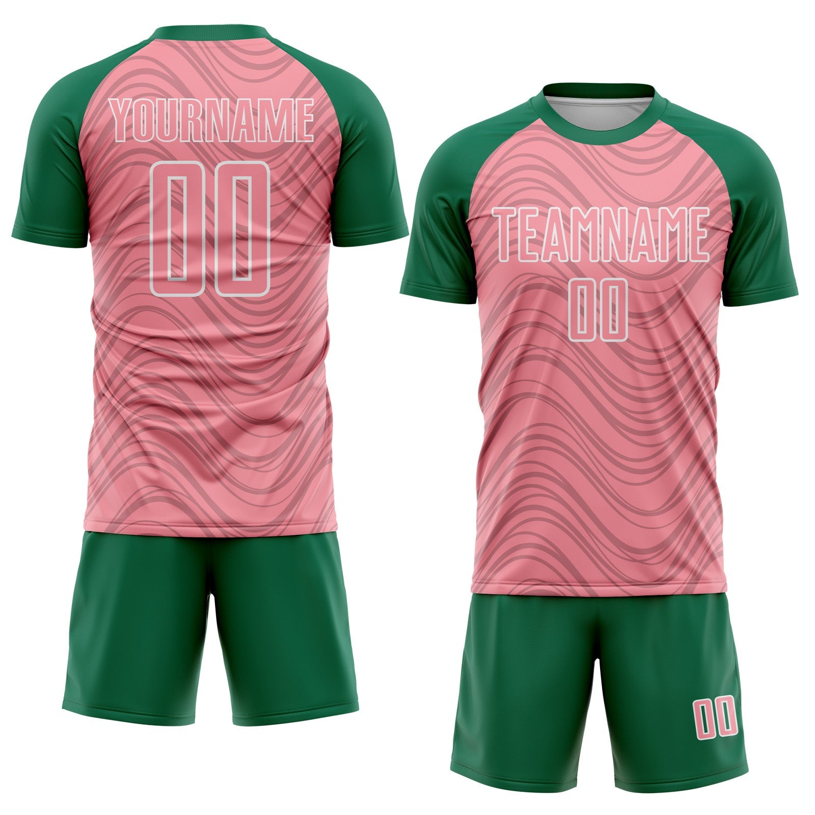 Custom Medium Pink Kelly Green-White Wavy Lines Sports Sublimation Soccer Uniform Jersey view 2