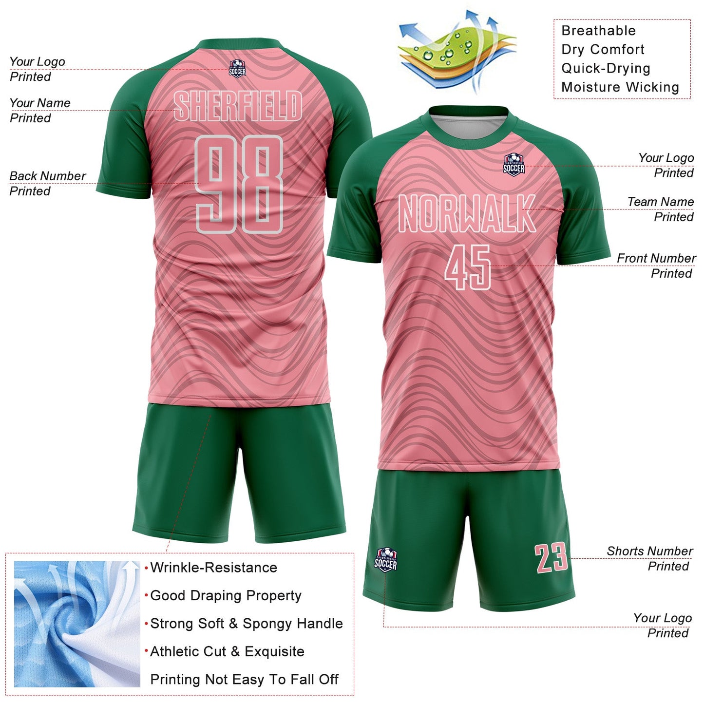 Custom Medium Pink Kelly Green-White Wavy Lines Sports Sublimation Soccer Uniform Jersey view 4
