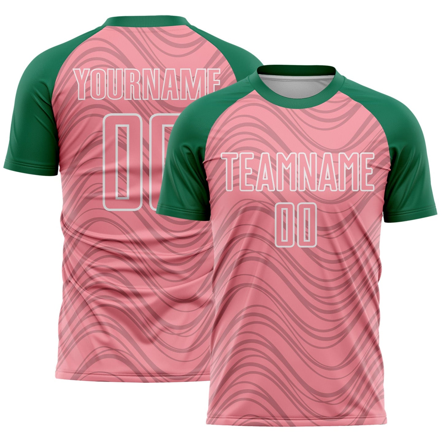 Custom Medium Pink Kelly Green-White Wavy Lines Sports Sublimation Soccer Uniform Jersey - Main View