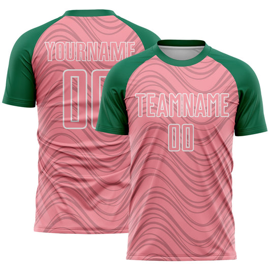 Custom Medium Pink Kelly Green-White Wavy Lines Sports Sublimation Soccer Uniform Jersey - Main View
