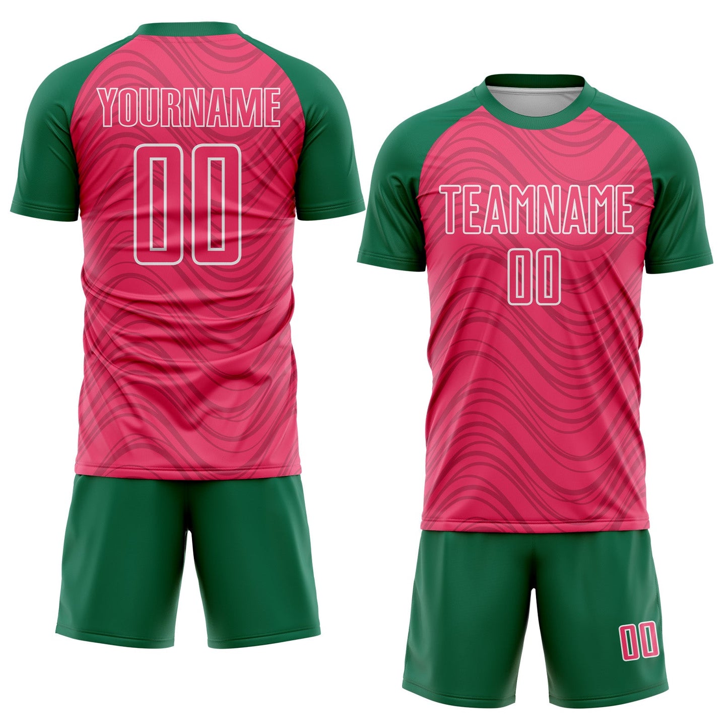 Custom Neon Pink Kelly Green-White Wavy Lines Sports Sublimation Soccer Uniform Jersey view 2