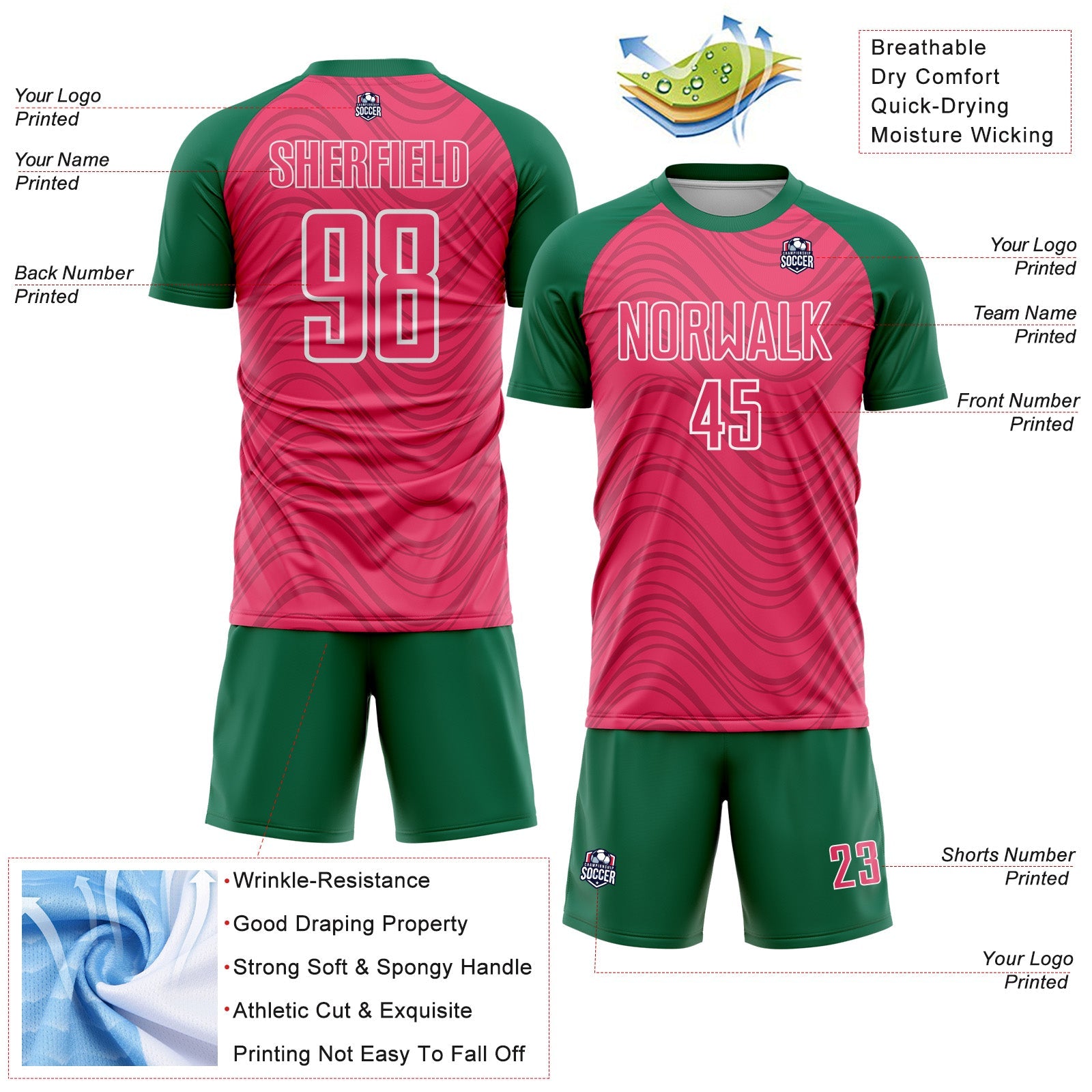 Custom Neon Pink Kelly Green-White Wavy Lines Sports Sublimation Soccer Uniform Jersey view 4