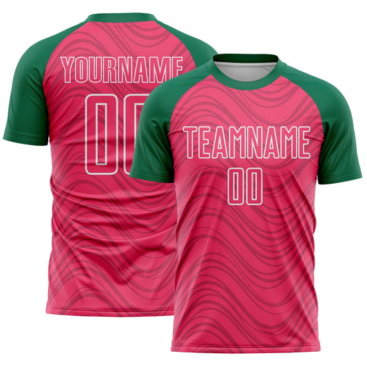 Custom Neon Pink Kelly Green-White Wavy Lines Sports Sublimation Soccer Uniform Jersey - Main View