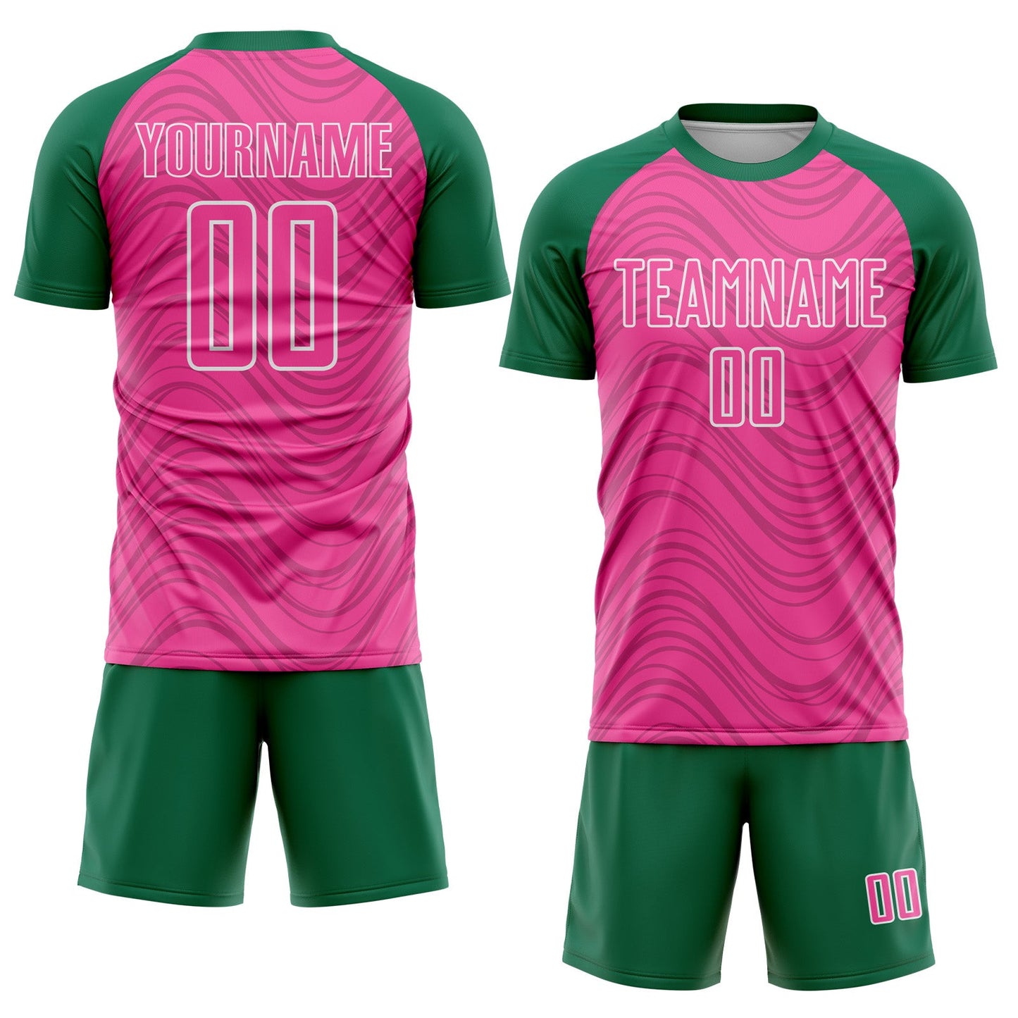 Custom Pink Kelly Green-White Wavy Lines Sports Sublimation Soccer Uniform Jersey view 2