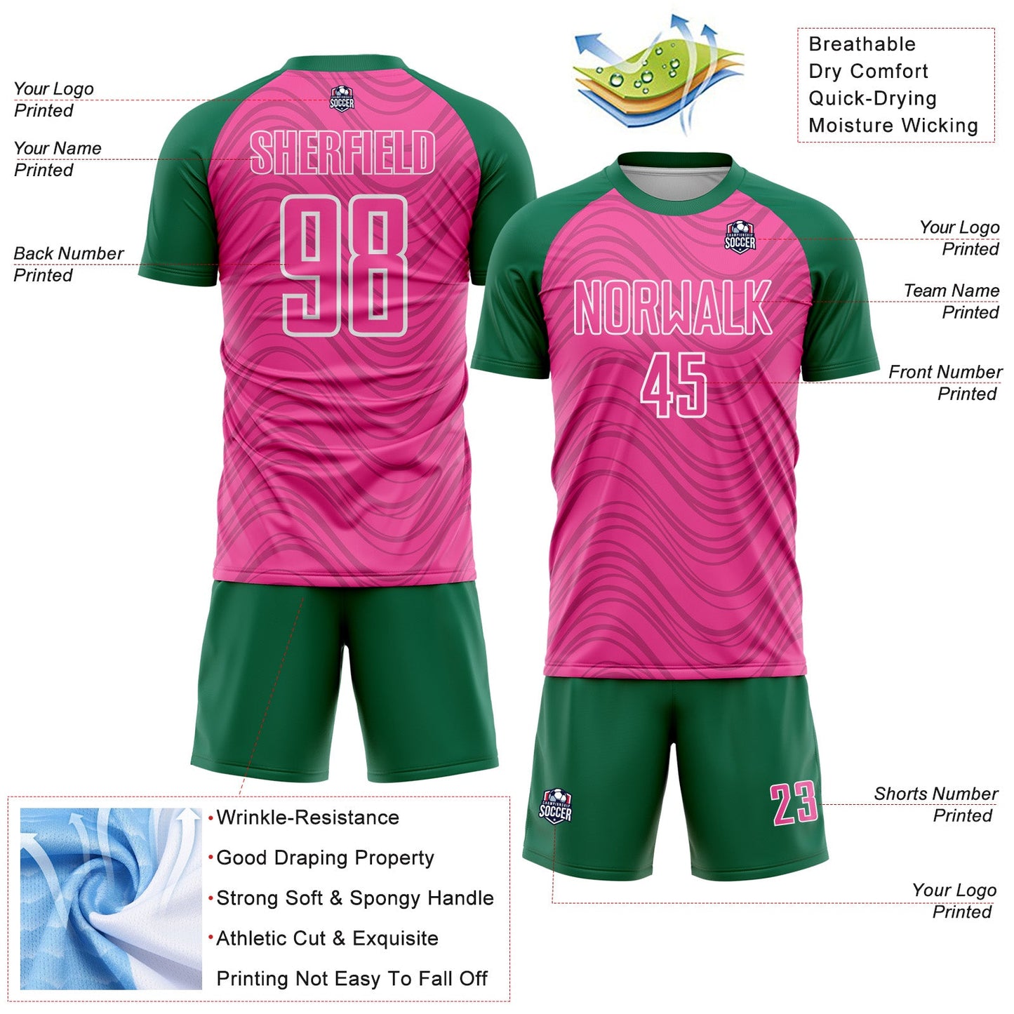 Custom Pink Kelly Green-White Wavy Lines Sports Sublimation Soccer Uniform Jersey view 4