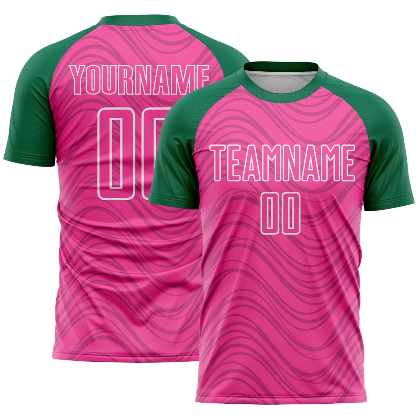 Custom Pink Kelly Green-White Wavy Lines Sports Sublimation Soccer Uniform Jersey - Main View