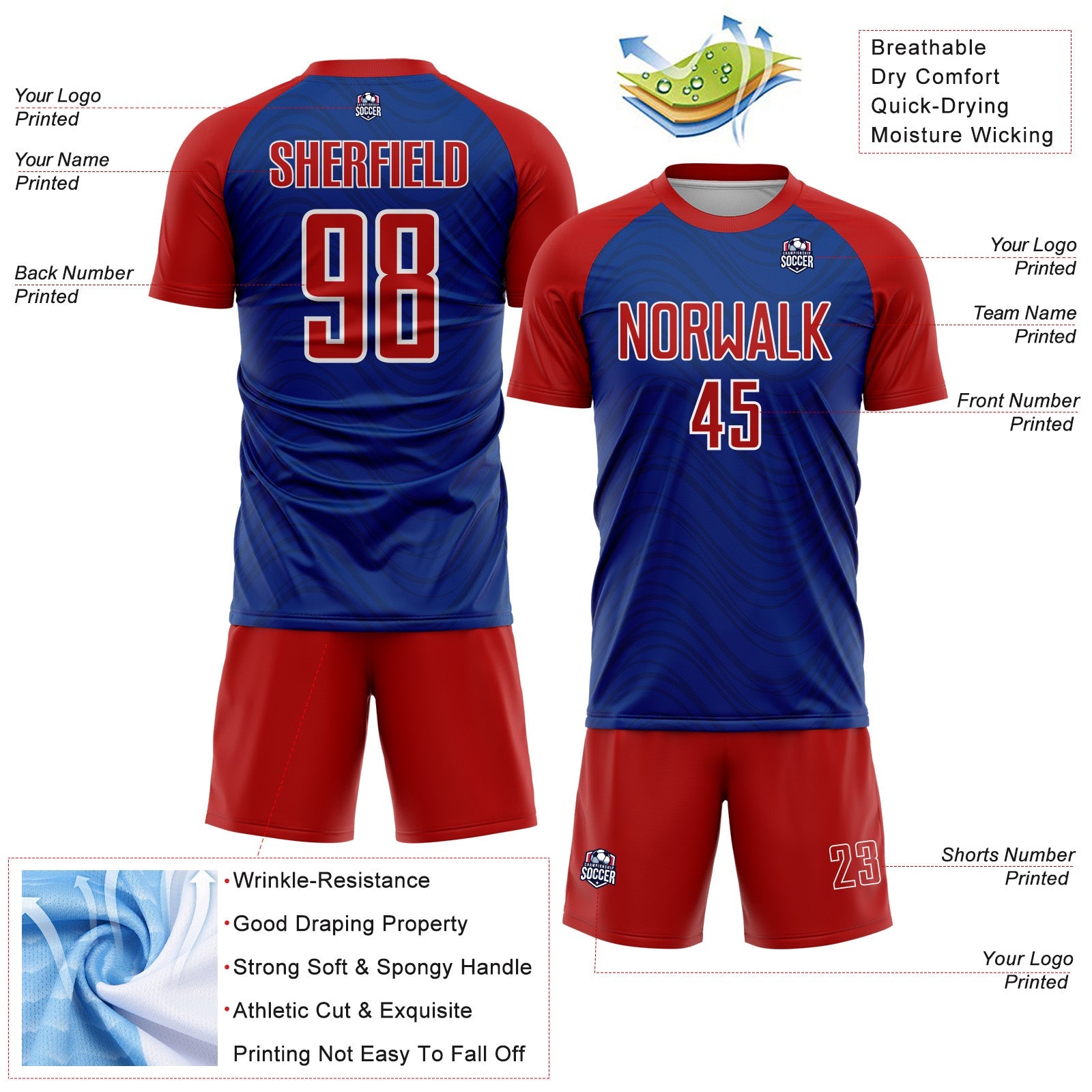 Custom Royal Red-White Wavy Lines Sports Sublimation Soccer Uniform Jersey view 4
