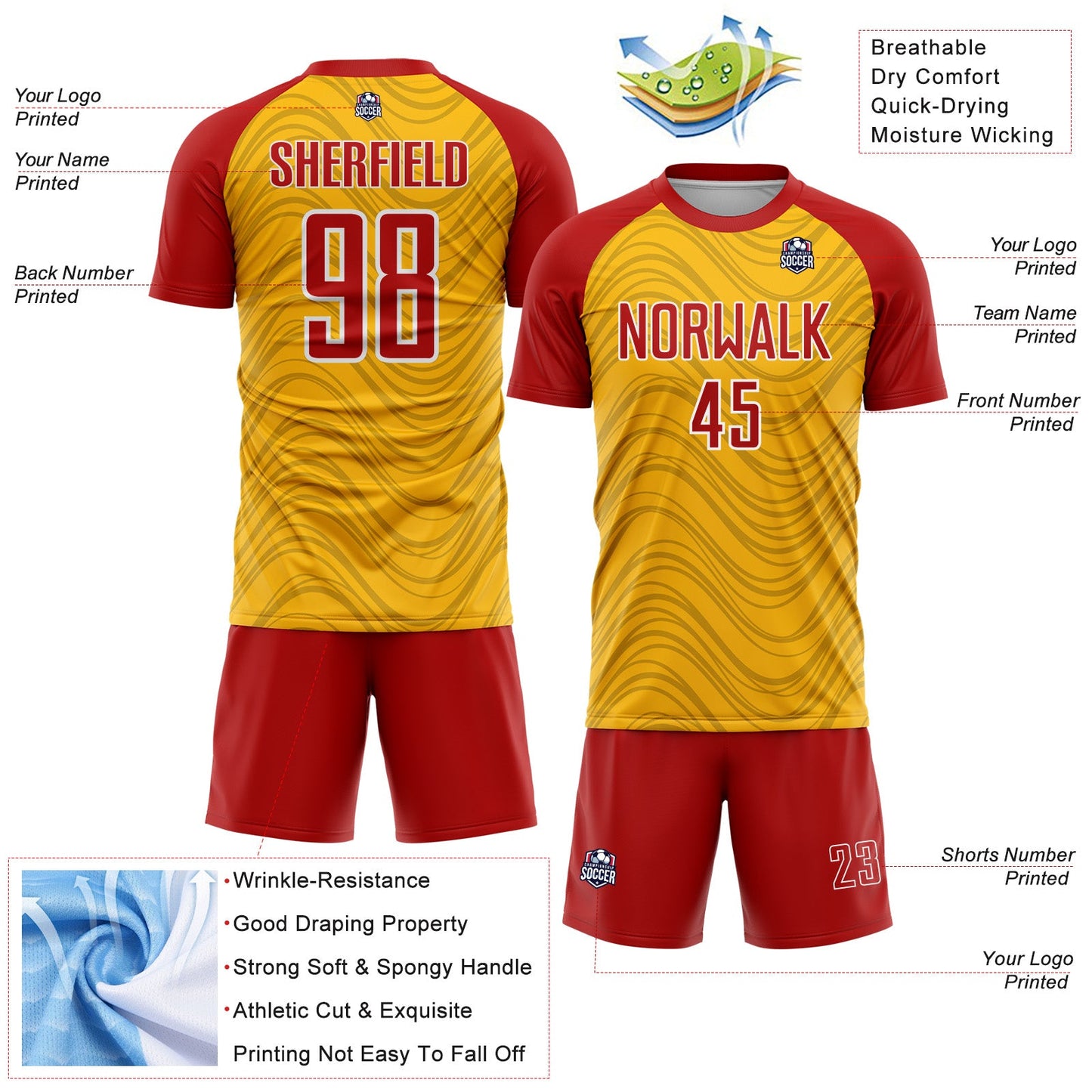 Custom Gold Red-White Wavy Lines Sports Sublimation Soccer Uniform Jersey view 4