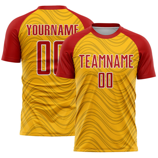 Custom Gold Red-White Wavy Lines Sports Sublimation Soccer Uniform Jersey - Main View
