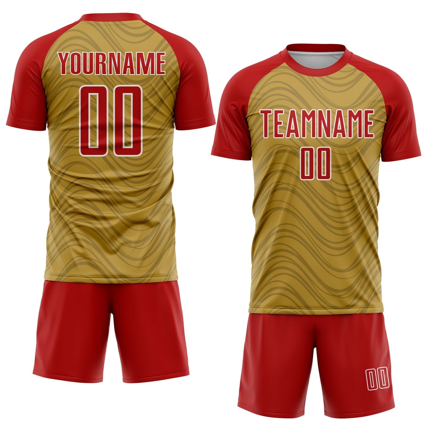 Custom Old Gold Red-White Wavy Lines Sports Sublimation Soccer Uniform Jersey view 2