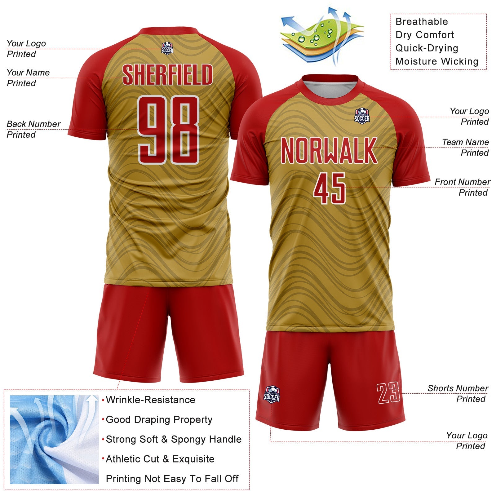 Custom Old Gold Red-White Wavy Lines Sports Sublimation Soccer Uniform Jersey view 4