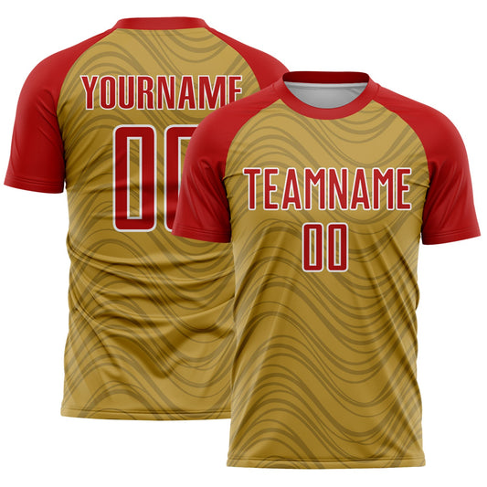 Custom Old Gold Red-White Wavy Lines Sports Sublimation Soccer Uniform Jersey - Main View