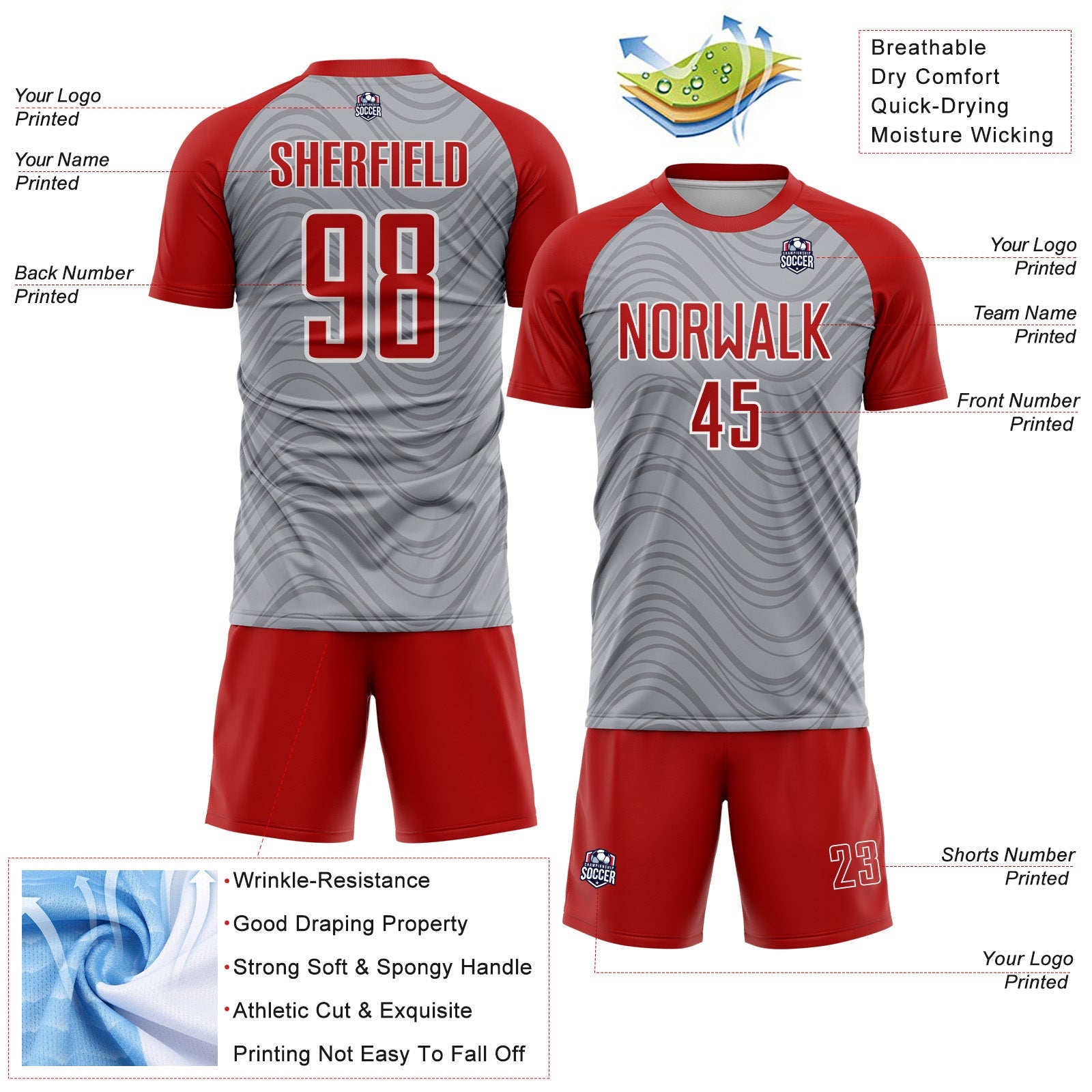 Custom Gray Red-White Wavy Lines Sports Sublimation Soccer Uniform Jersey view 4