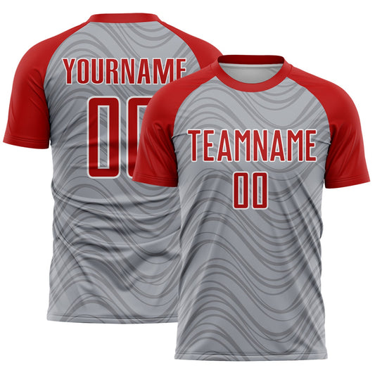Custom Gray Red-White Wavy Lines Sports Sublimation Soccer Uniform Jersey - Main View