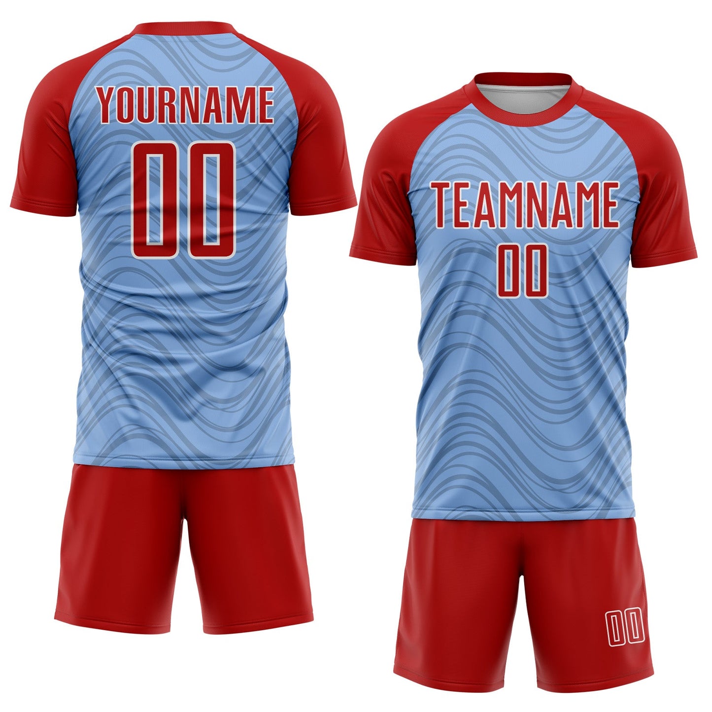 Custom Light Blue Red-White Wavy Lines Sports Sublimation Soccer Uniform Jersey view 2