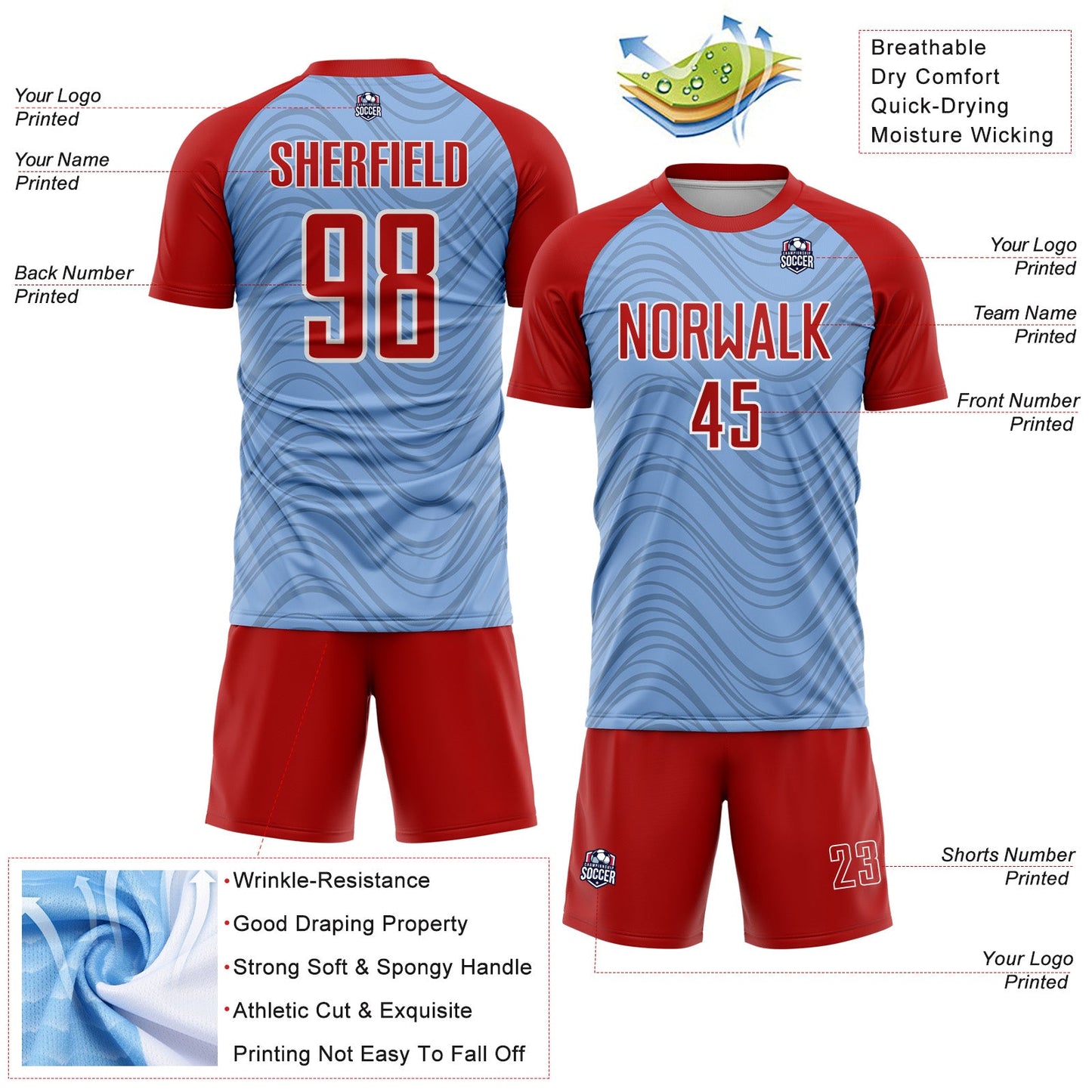Custom Light Blue Red-White Wavy Lines Sports Sublimation Soccer Uniform Jersey view 4