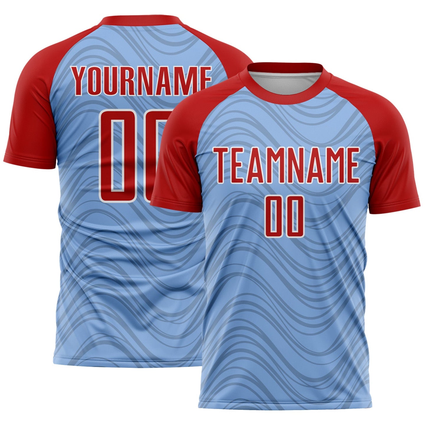 Custom Light Blue Red-White Wavy Lines Sports Sublimation Soccer Uniform Jersey - Main View