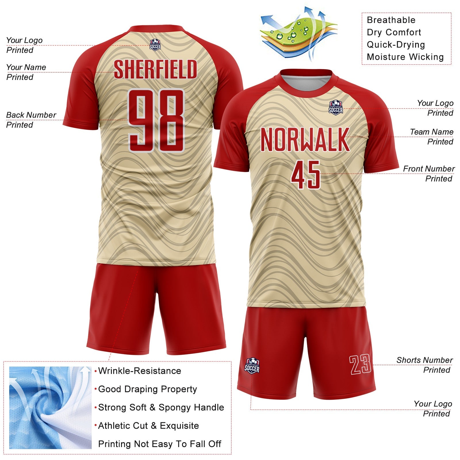 Custom Cream Red-White Wavy Lines Sports Sublimation Soccer Uniform Jersey view 4