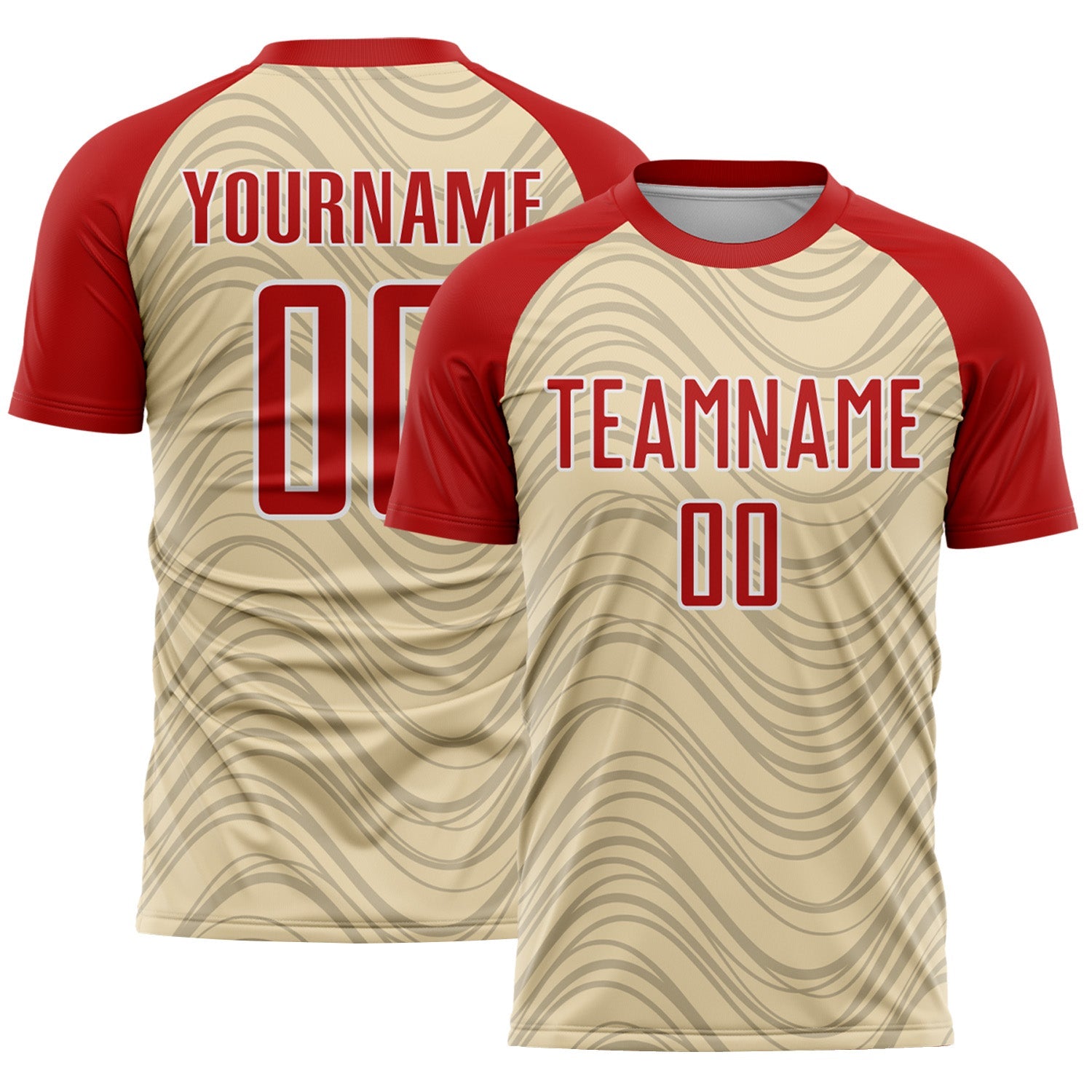 Custom Cream Red-White Wavy Lines Sports Sublimation Soccer Uniform Jersey - Main View