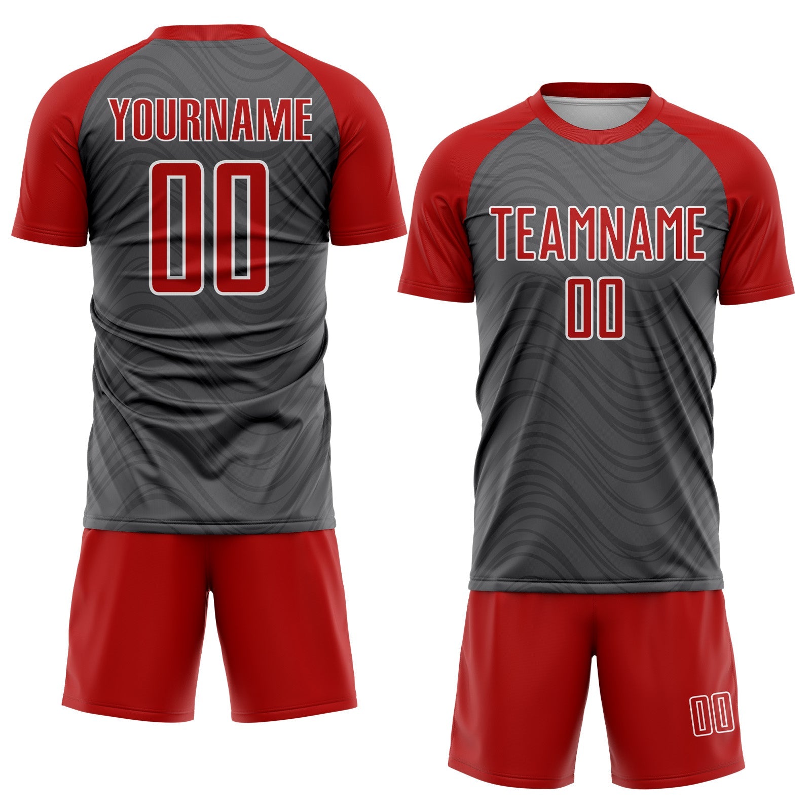 Custom Steel Gray Red-White Wavy Lines Sports Sublimation Soccer Uniform Jersey view 2