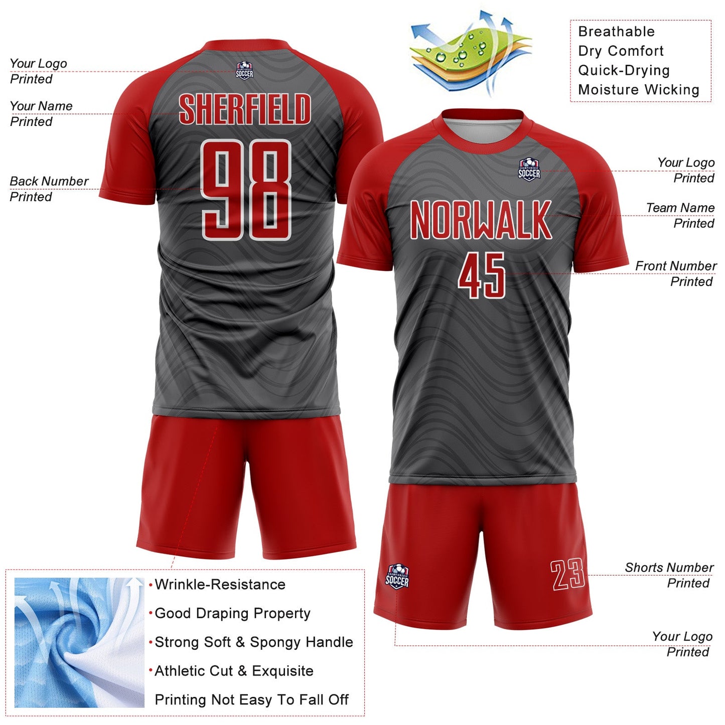 Custom Steel Gray Red-White Wavy Lines Sports Sublimation Soccer Uniform Jersey view 4