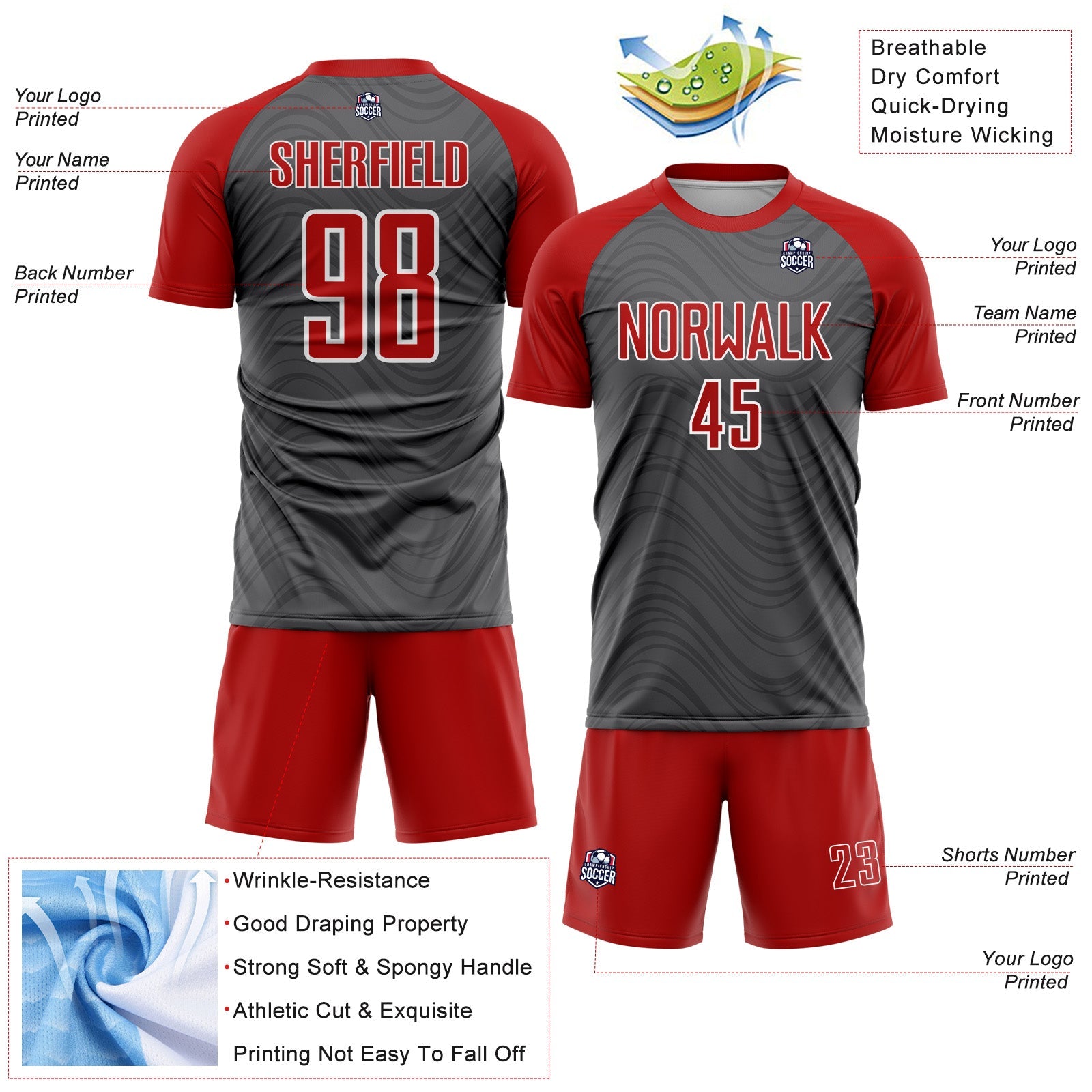 Custom Steel Gray Red-White Wavy Lines Sports Sublimation Soccer Uniform Jersey view 4