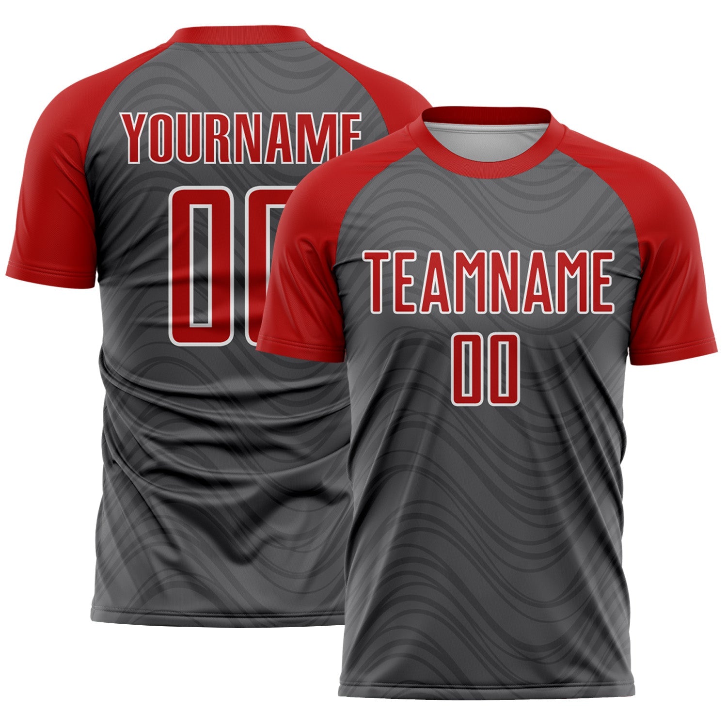Custom Steel Gray Red-White Wavy Lines Sports Sublimation Soccer Uniform Jersey - Main View