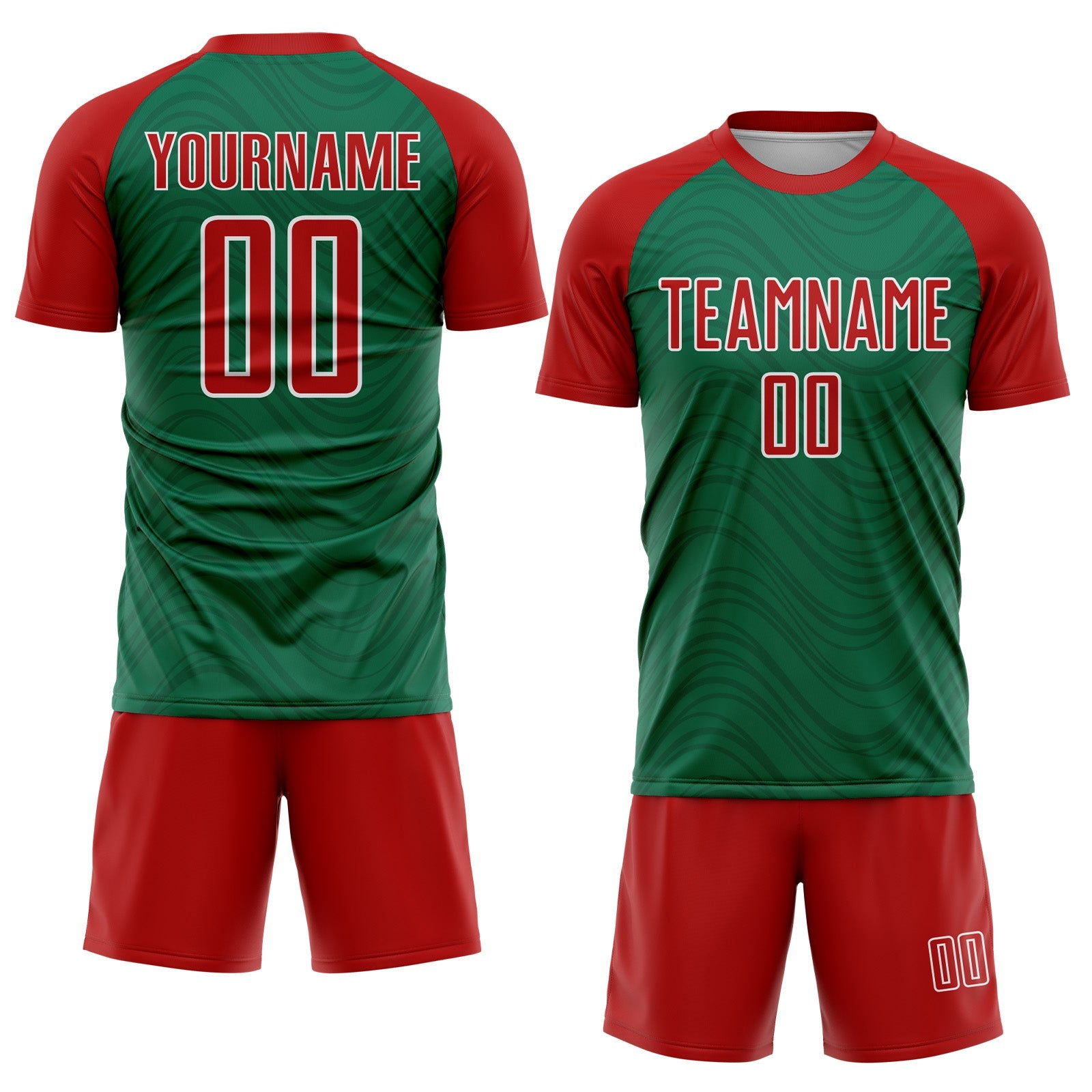 Custom Kelly Green Red-White Wavy Lines Sports Sublimation Soccer Uniform Jersey view 2