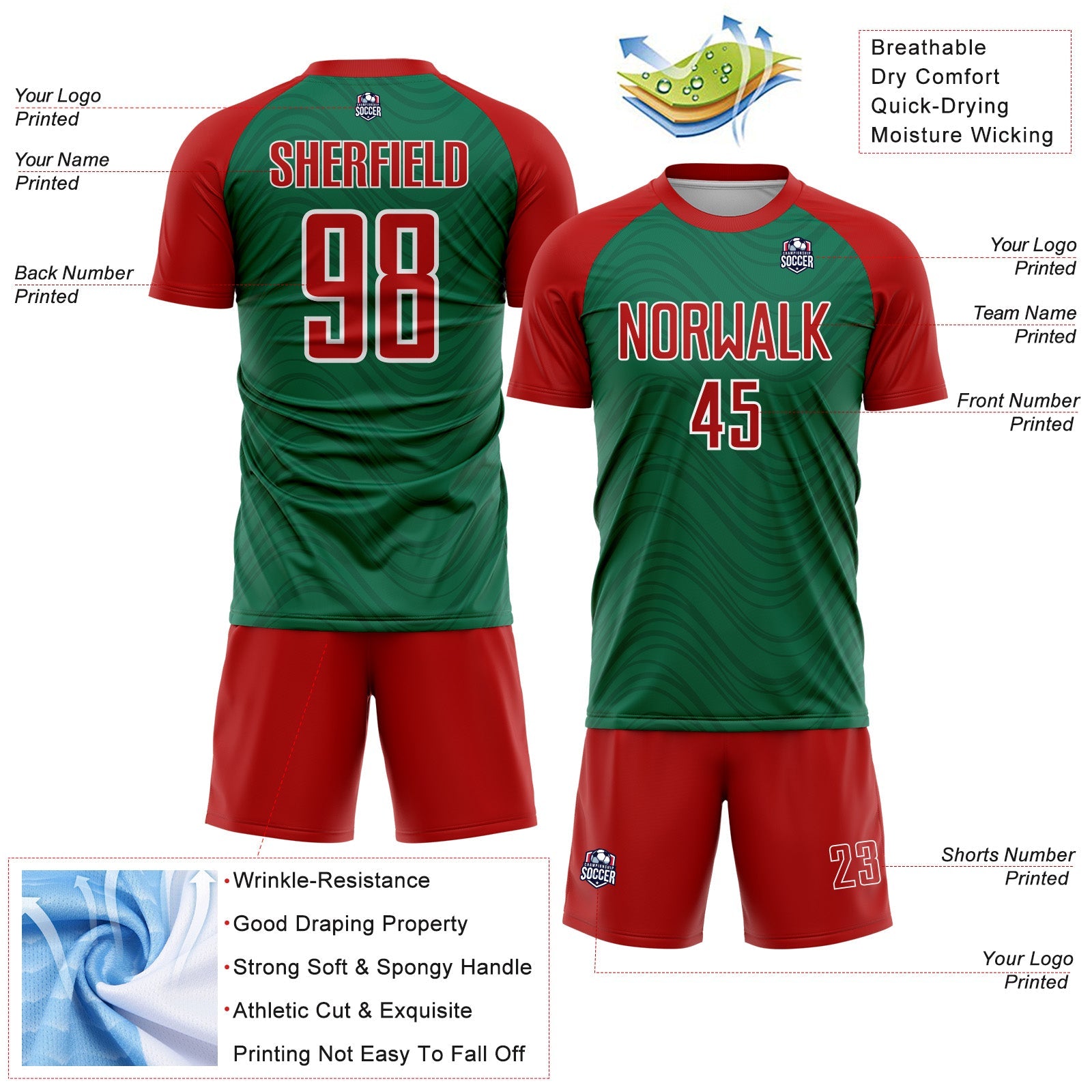 Custom Kelly Green Red-White Wavy Lines Sports Sublimation Soccer Uniform Jersey view 4