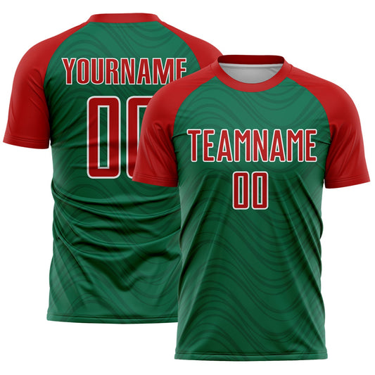 Custom Kelly Green Red-White Wavy Lines Sports Sublimation Soccer Uniform Jersey - Main View