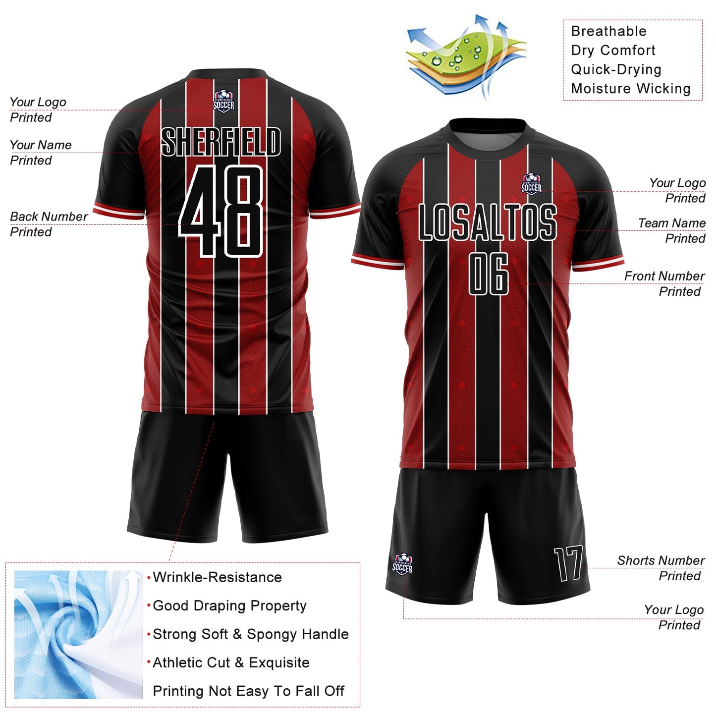 Custom Black Red-White Pinstripe Line Sports Sublimation Soccer Uniform Jersey view 4