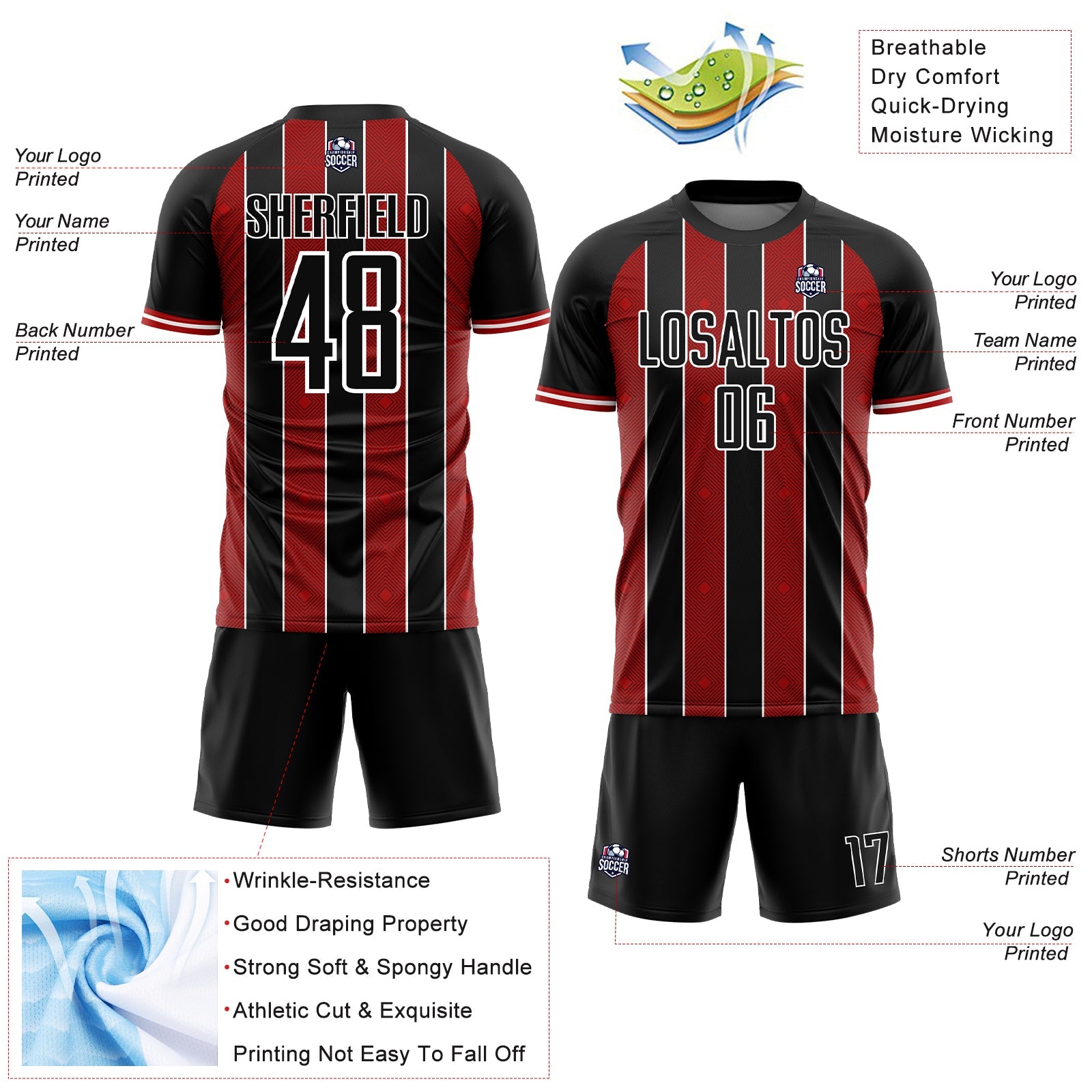 Custom Black Red-White Pinstripe Line Sports Sublimation Soccer Uniform Jersey view 4