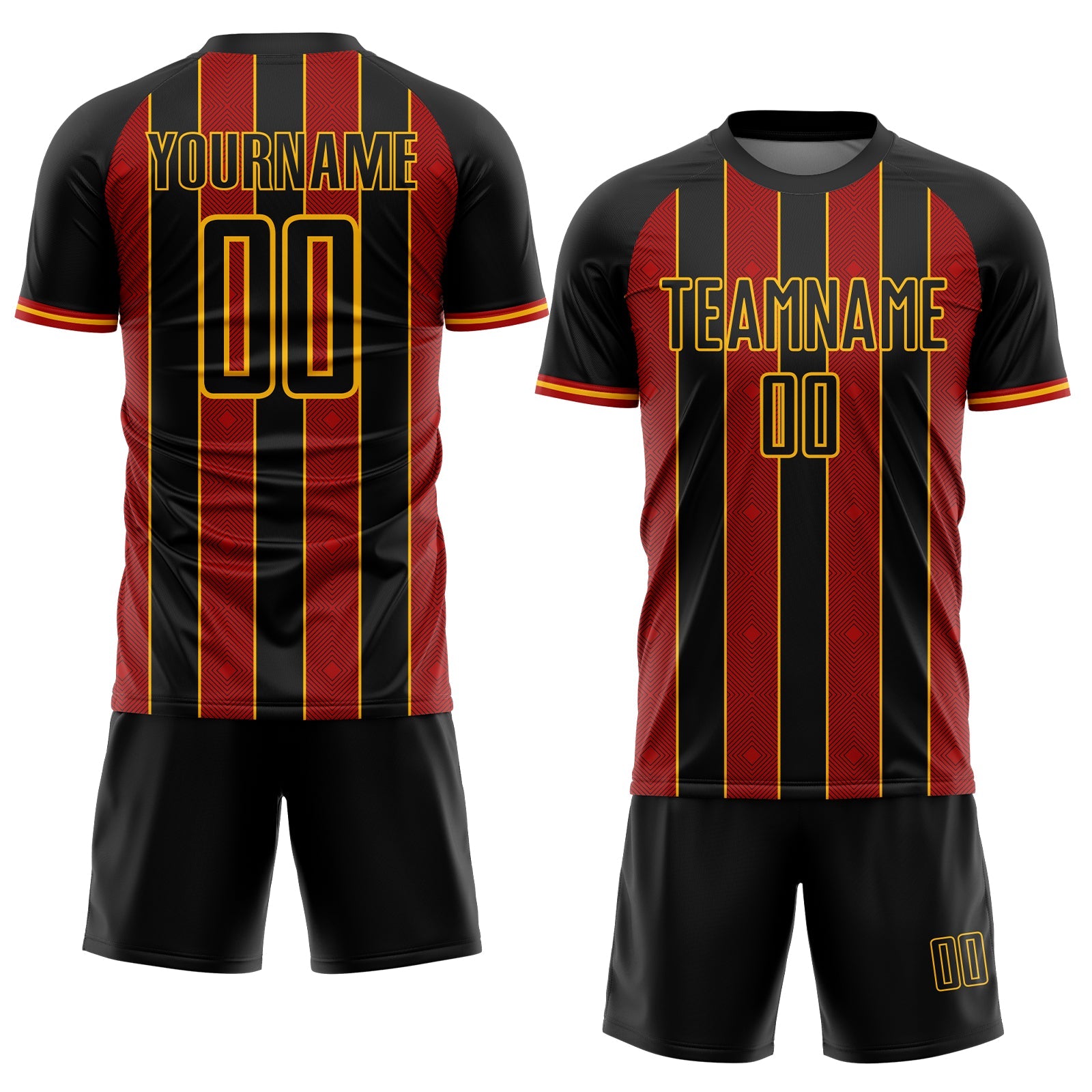 Custom Black Red-Gold Pinstripe Line Sports Sublimation Soccer Uniform Jersey view 2