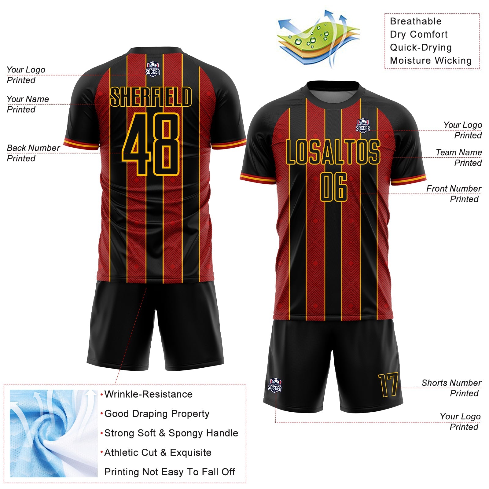 Custom Black Red-Gold Pinstripe Line Sports Sublimation Soccer Uniform Jersey view 4