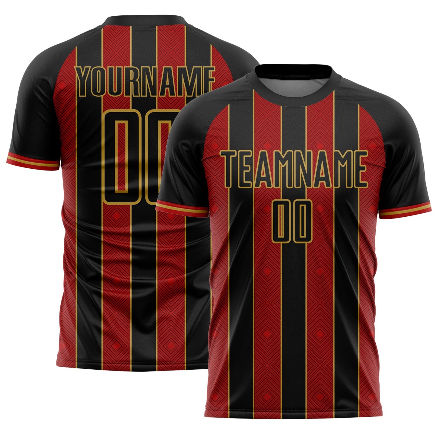 Custom Black Red-Old Gold Pinstripe Line Sports Sublimation Soccer Uniform Jersey - Main View