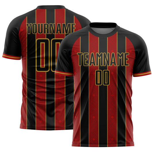 Custom Black Red-Old Gold Pinstripe Line Sports Sublimation Soccer Uniform Jersey - Main View