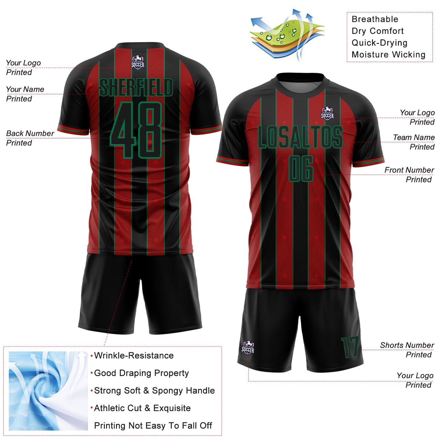 Custom Black Red-Kelly Green Pinstripe Line Sports Sublimation Soccer Uniform Jersey view 4