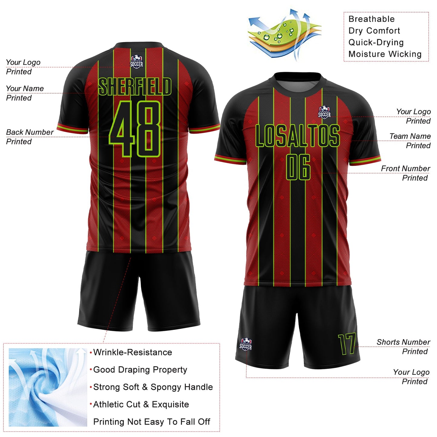 Custom Black Red-Neon Green Pinstripe Line Sports Sublimation Soccer Uniform Jersey view 4