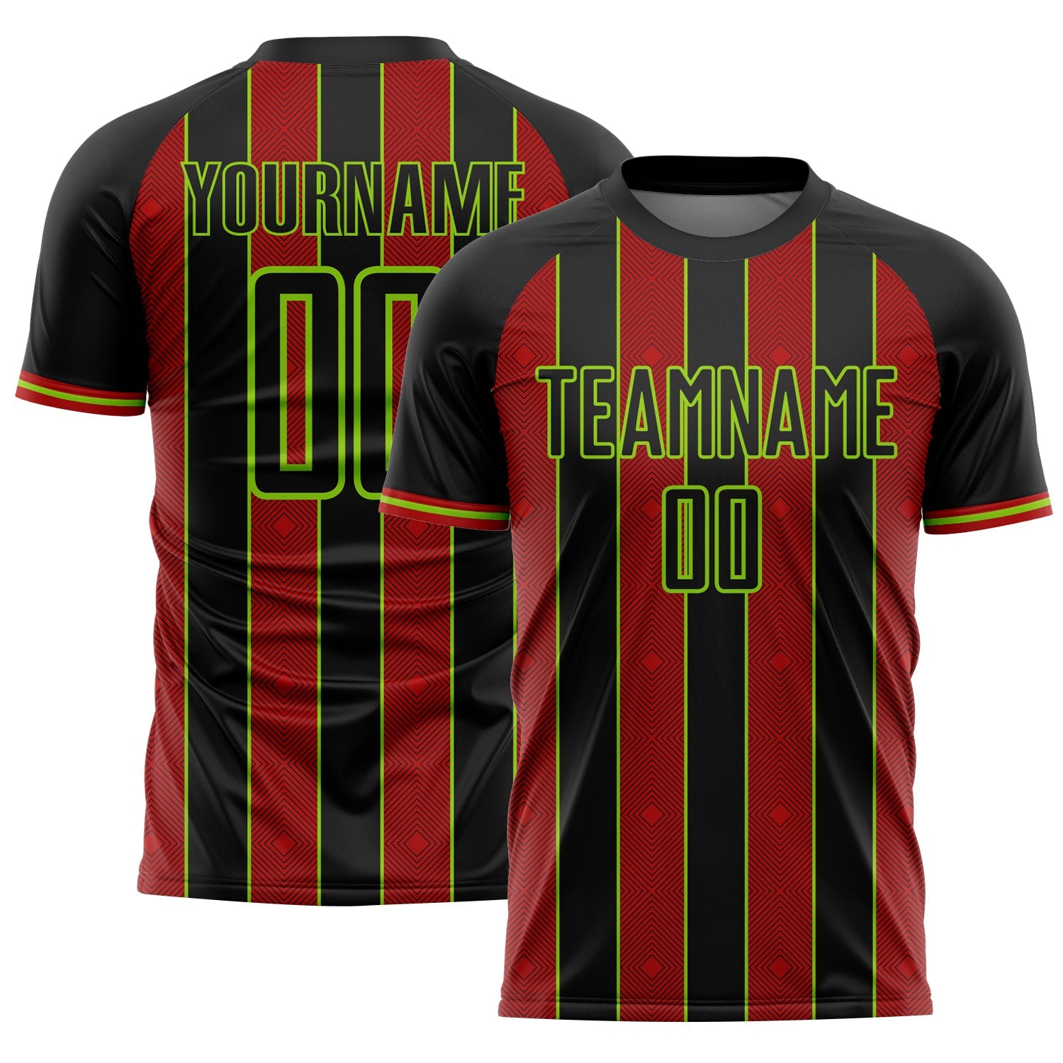 Custom Black Red-Neon Green Pinstripe Line Sports Sublimation Soccer Uniform Jersey - Main View