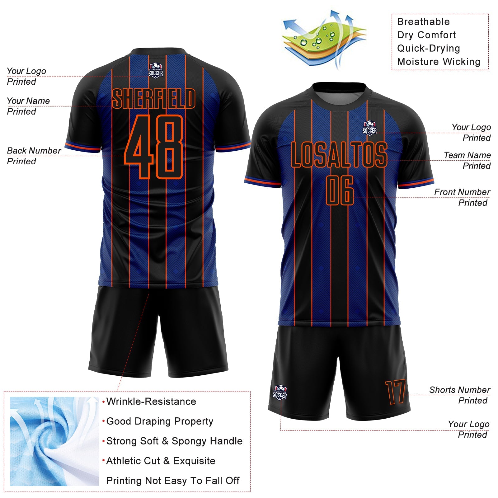 Custom Black Royal-Orange Pinstripe Line Sports Sublimation Soccer Uniform Jersey view 4