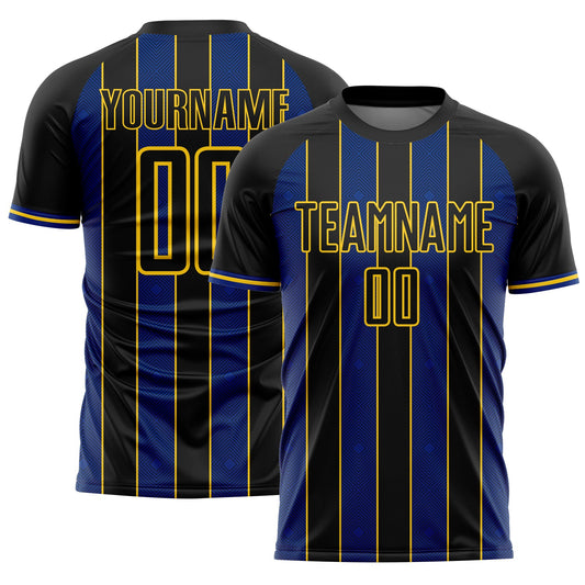 Custom Black Royal-Yellow Pinstripe Line Sports Sublimation Soccer Uniform Jersey - Main View
